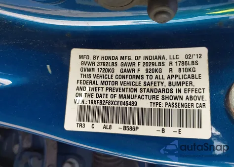 2012 Honda Civic Ex z USA, uszkodzony, nr VIN 19XFB2F8XCE046489